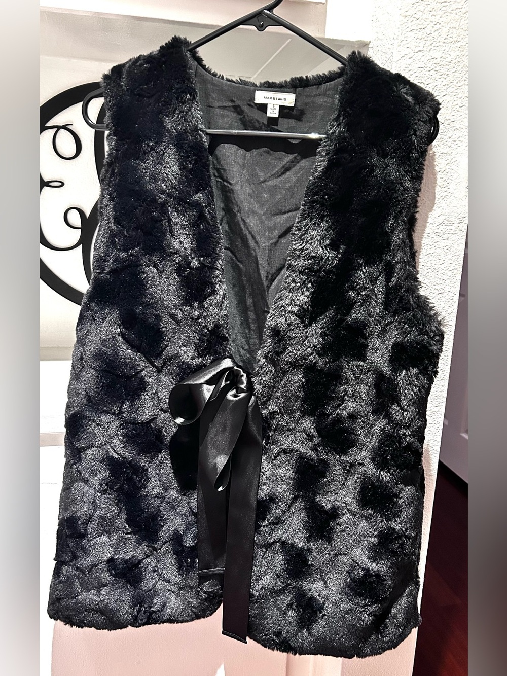 Max Studio Black Faux Fur Vest with Satin Tie